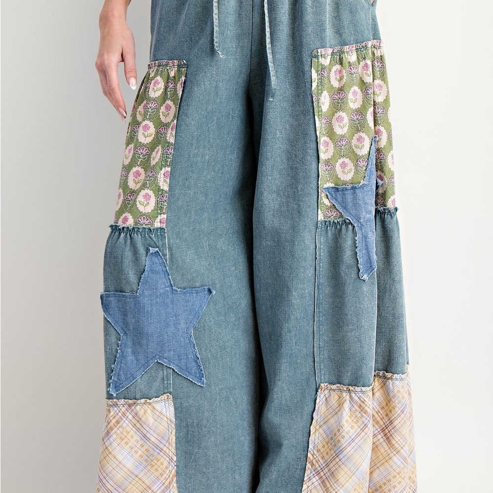 Easel Mineral Washed Denim Patchwork Detailed Palazzo Pants in Washed Denim